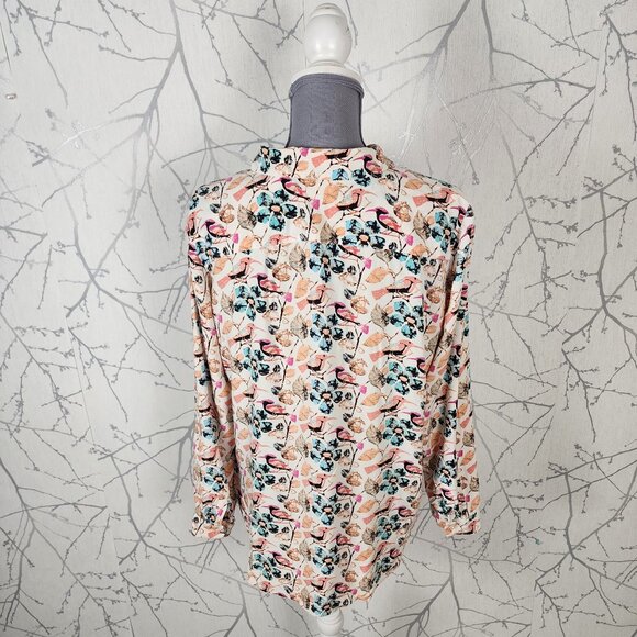 Talbots Colorful Artsy Floral Birds Print Button Front Shirt - Picture 4 of 6